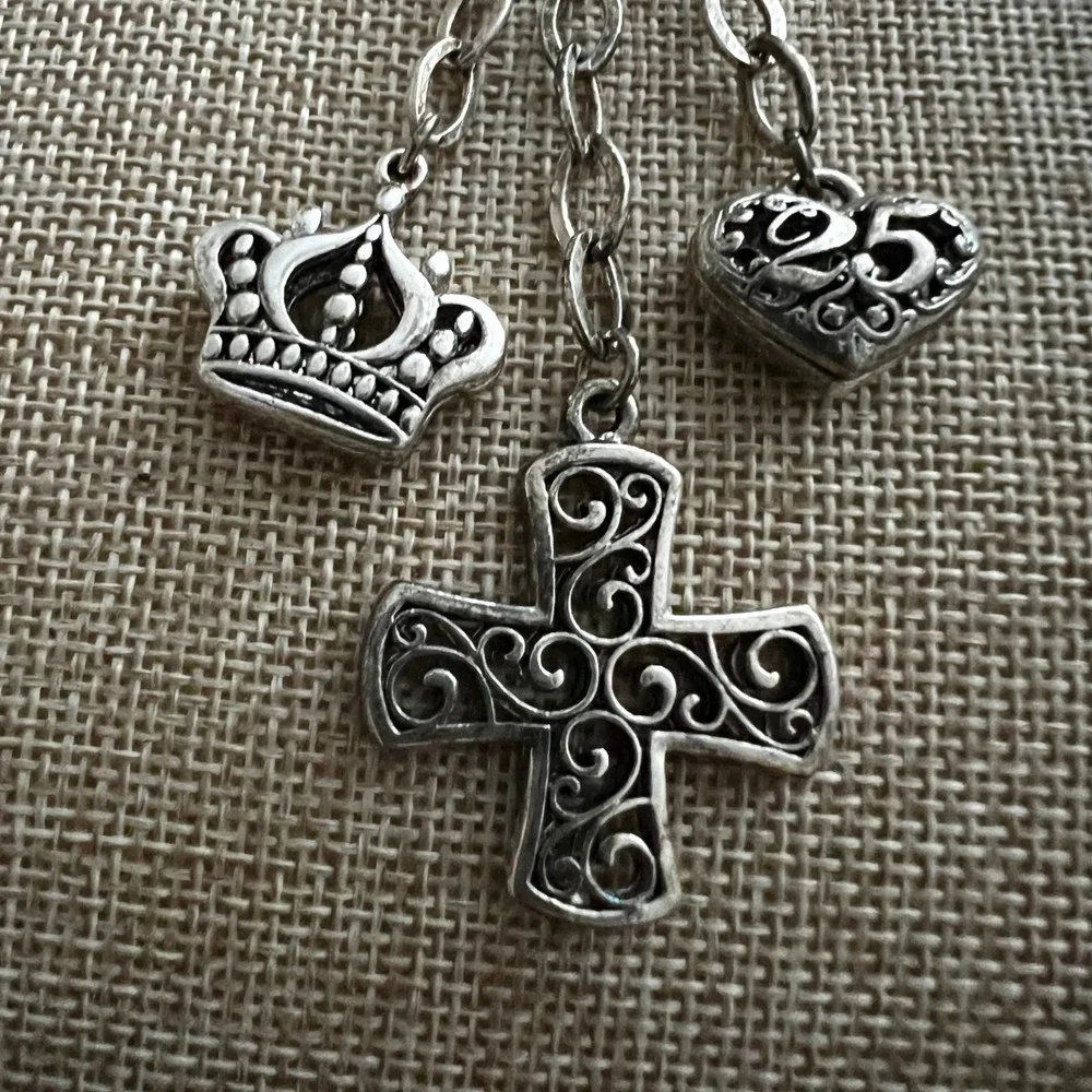 Silver Tone Cross Crown Heart Filigree Bag Charm Keychain 5.5 Inch Gothic
